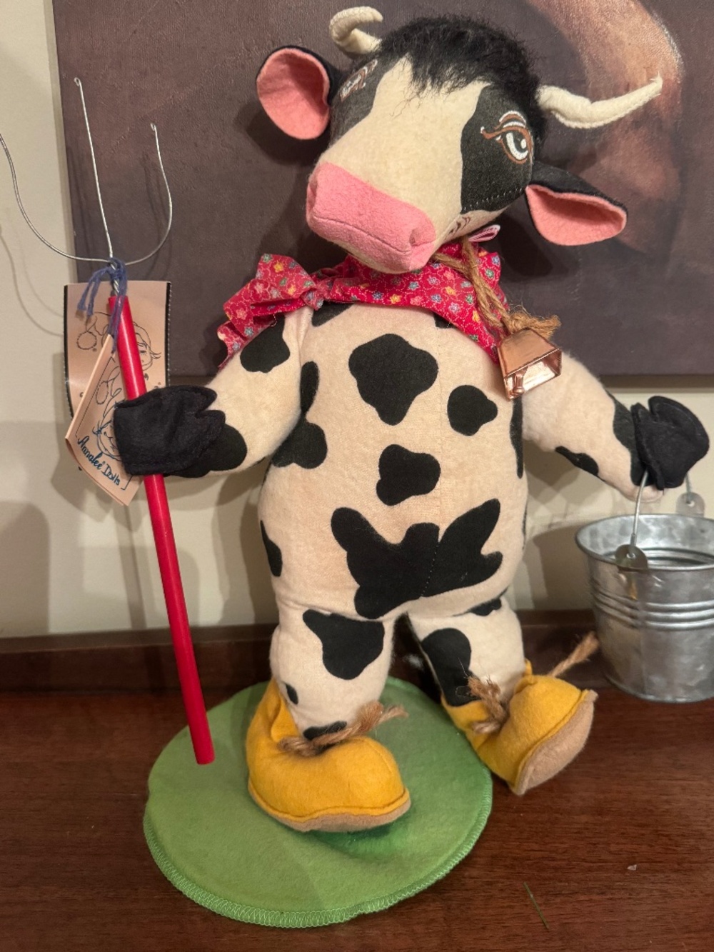 Vintage 1998 Annalee 12" Howie Holstein Farmer Cow with Pitchfork and Pail
